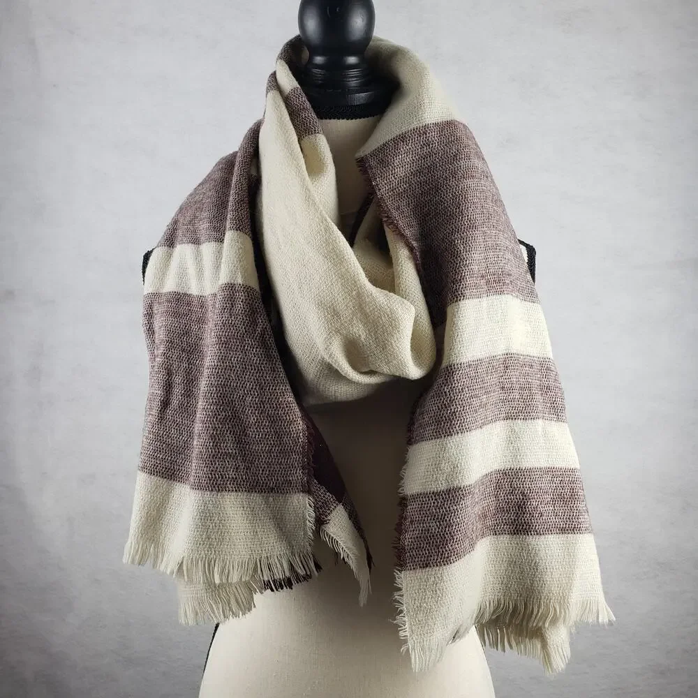 BP Women's One Size Fringe Plaid Blanket Scarf Beige Burgundy Fall Cozy Layering